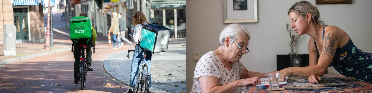 Maaltijdbezorgers op straat / Vrouw geeft hulp aan oudere vrouw