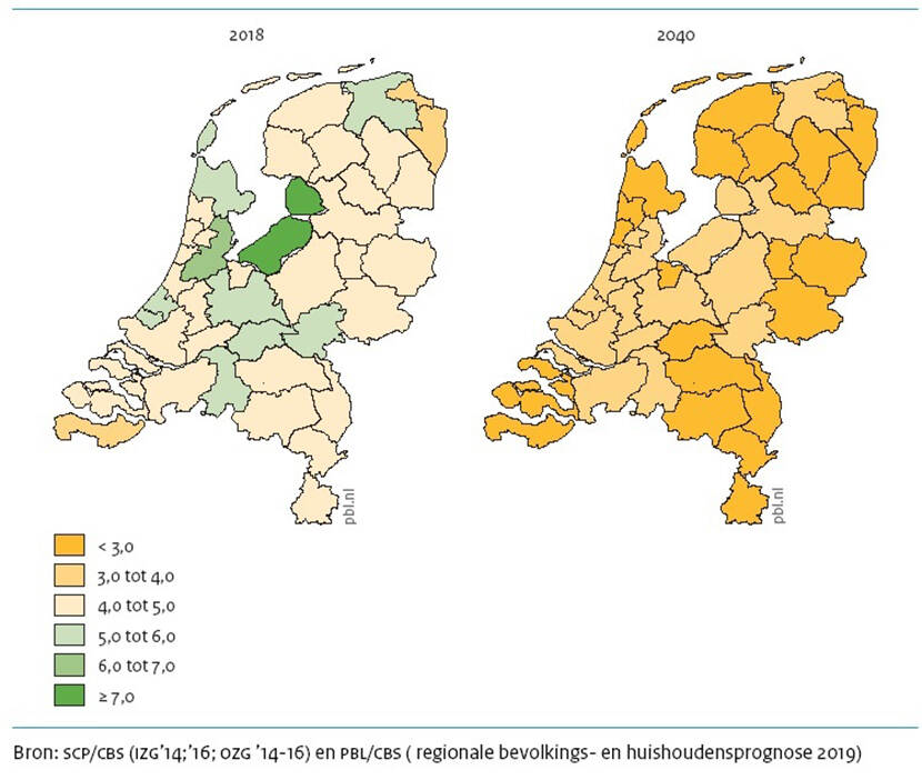 Verhouding tussen aantal gevers van mantelzorg (zorg van 4 uur of meer per week aan personen van 75 jaar en ouder) en aantal ontvangers van mantelzorg van 75 jaar en ouder, per COROP gebied, 2018 en 2040.